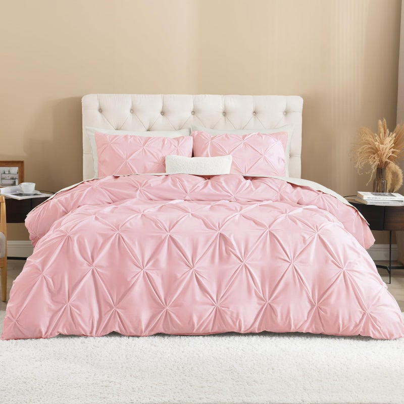Litanika Pink Queen Pinch Pleat Duvet Cover, 3 Pieces Pintuck Cover Soft Microfiber Bedding Set with Zipper Closure & Corner Ties(90x90Inch-1 Duvet Cover, 2 Pillowcases) - Image 1