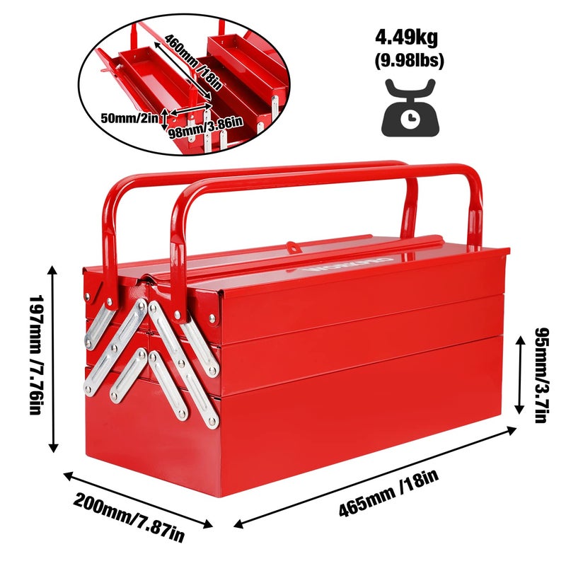 WORKPRO Metal Tool Box, 18-inch Cantilever Folding Red Storage Box, 3-Layer 5-Tray Multi-Function Tool Organizer, Red - Image 3