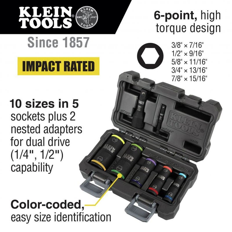 Klein Tools 66070 Impact Socket Set, Five Impact Driver Flip Sockets with 1/4-Inch Hex and 1/2-Inch Square Socket Adapters, 7-Piece - Image 2