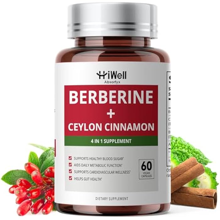 HiWell Absorfyx Berberine with Ceylon Cinnamon | Support Blood Sugar, Cholesterol Health & Immune* | Gluten-Free, Non-GMO & Vegan Berberine Supplement | 60 Capsules - Image 1