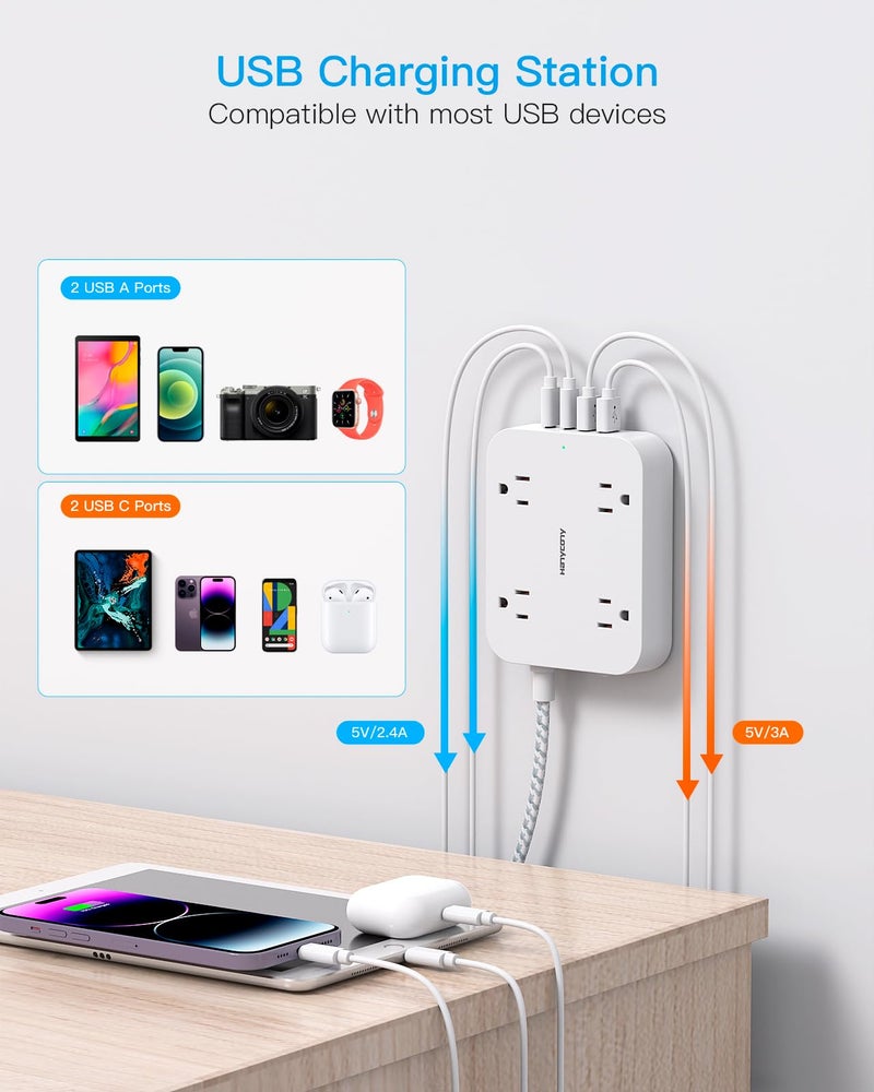 HANYCONY 10 Ft Extension Cord, HANYCONY Ultra Thin Flat Power Strip with 4 Outlets 4 USB Ports (2 USB C), Wall Mount, Multi Plug Outlet Extender Desk Charging Station for Office Travel Dorm Room Essentials - Image 3