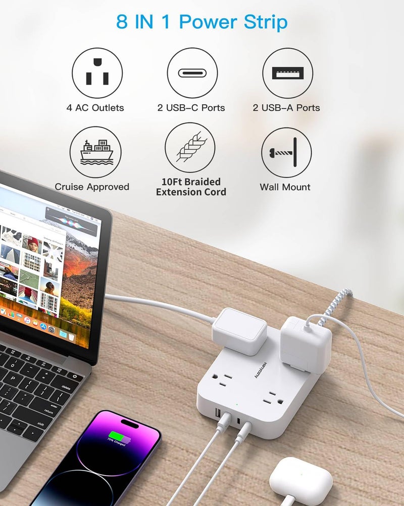 HANYCONY 10 Ft Extension Cord, HANYCONY Ultra Thin Flat Power Strip with 4 Outlets 4 USB Ports (2 USB C), Wall Mount, Multi Plug Outlet Extender Desk Charging Station for Office Travel Dorm Room Essentials - Image 2