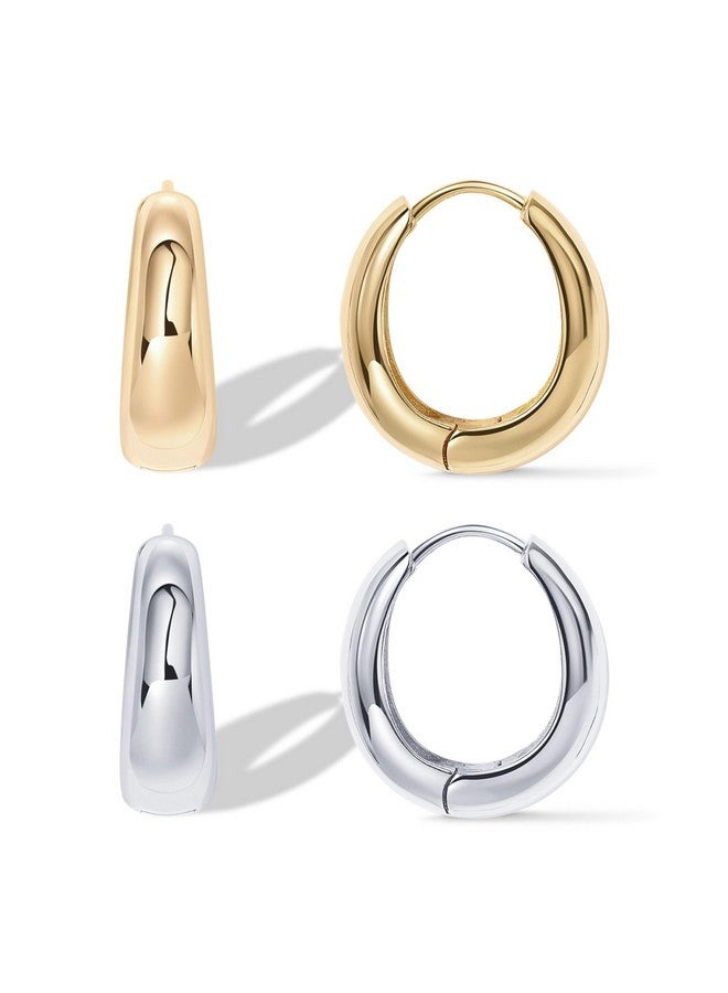 PAVOI PAVOI 14K Yellow Gold & Rhodium Plated Sterling Silver Post Small Chunky Hoops Earrings Pack | Thick Lightweight Hoop Earrings Set for Women  - Image 1