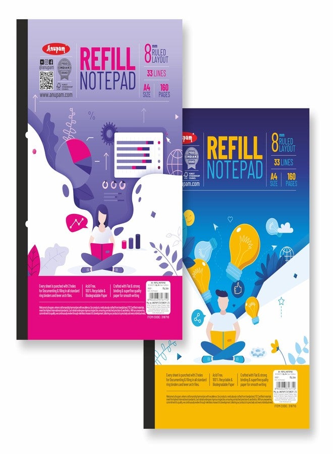 Anupam Refill Writing Notepad A4 Lined Paper Wide Ruled 80 Sheets Notepad, One Side Glue Bound, 2 Hole Punched Notebook with Strong Rorust Material Back Board for Office, School (Pack of 2) - Image 1