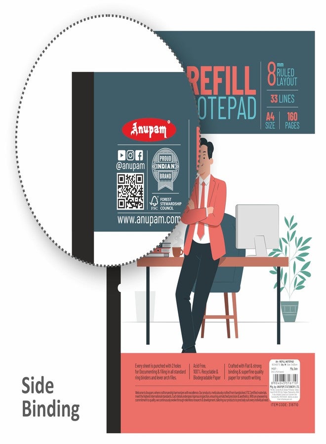 Anupam Refill Writing Notepad A4 Lined Paper Wide Ruled 80 Sheets Notepad, One Side Glue Bound, 2 Hole Punched Notebook with Strong Rorust Material Back Board for Office, School (Pack of 2) - Image 4