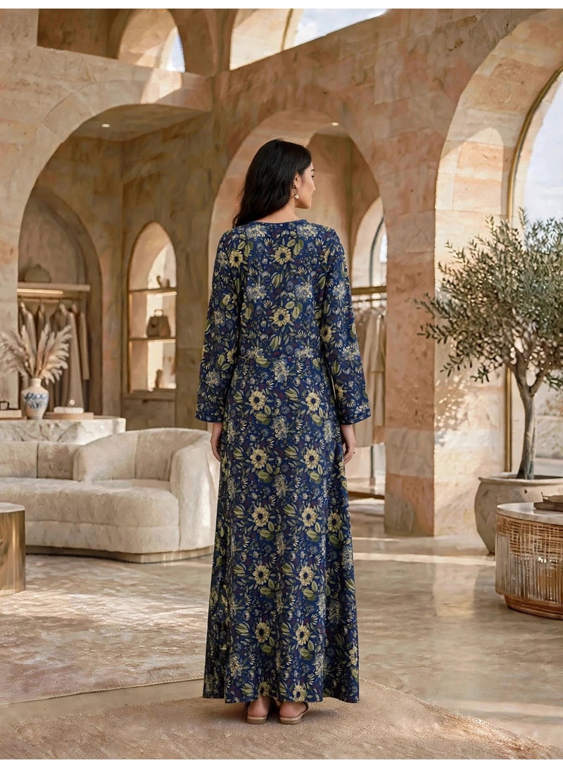IKKXA Elegant Floral Printed Long-Sleeve Maxi Jalabiya IKTT11Blue - Image 5