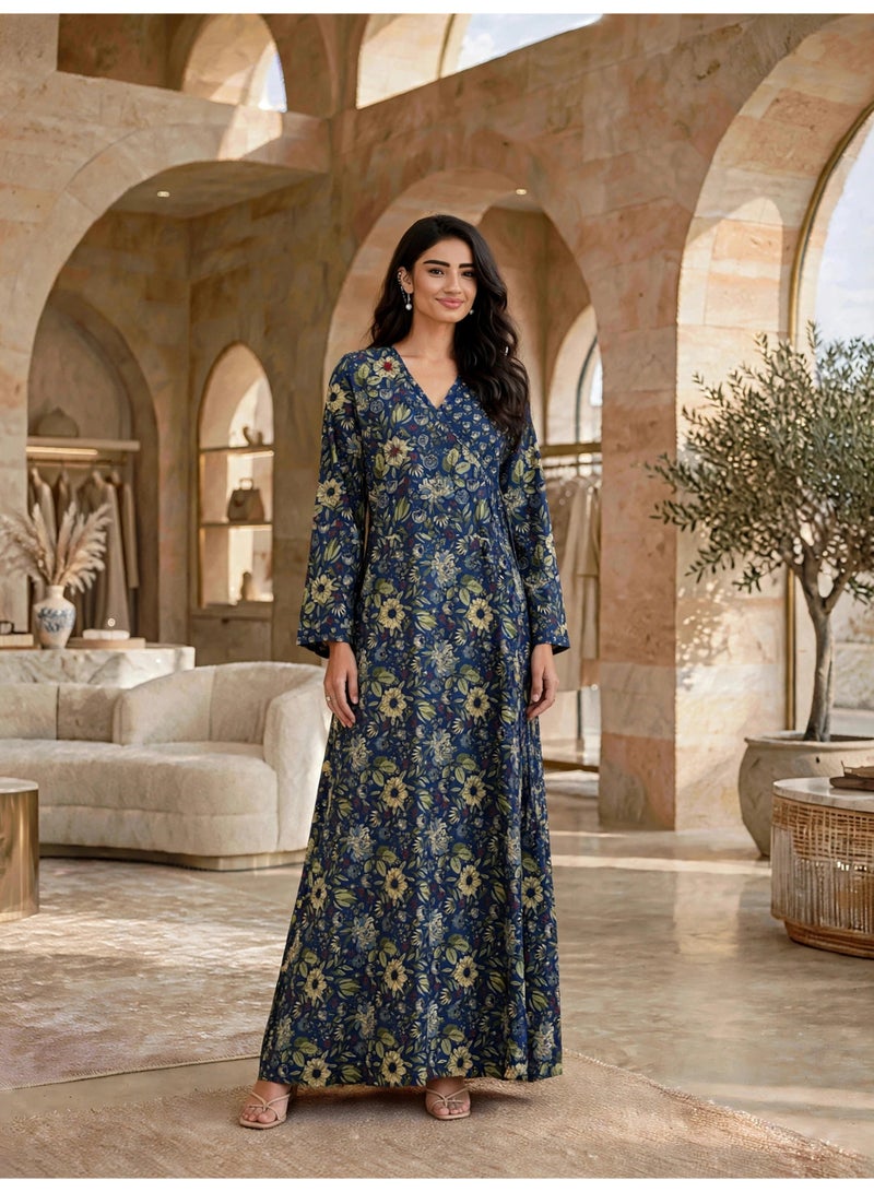 IKKXA Elegant Floral Printed Long-Sleeve Maxi Jalabiya IKTT11Blue - Image 1