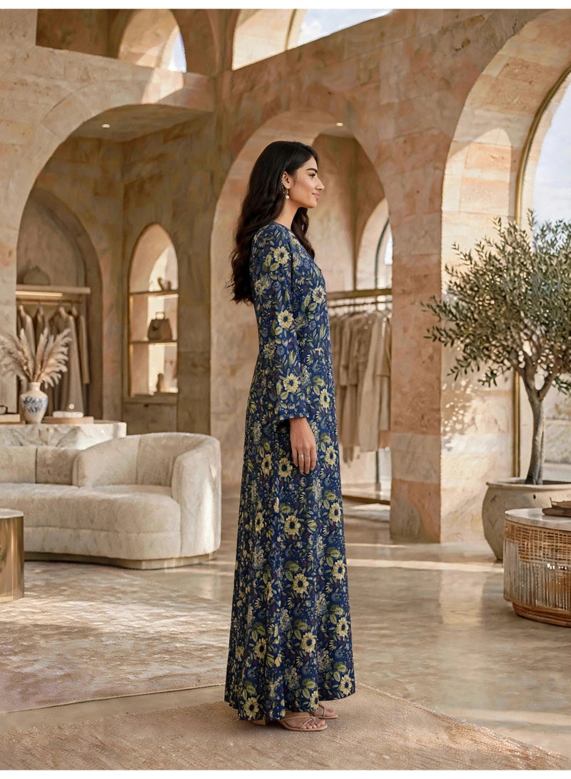 IKKXA Elegant Floral Printed Long-Sleeve Maxi Jalabiya IKTT11Blue - Image 3