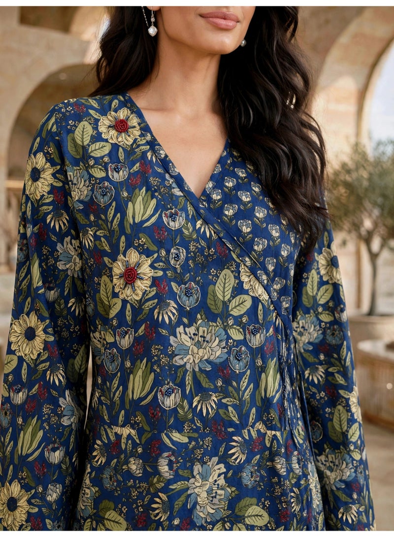 IKKXA Elegant Floral Printed Long-Sleeve Maxi Jalabiya IKTT11Blue - Image 2