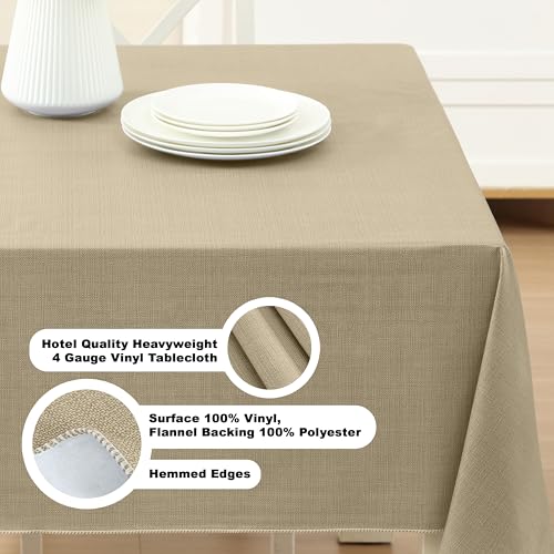 Lintex Cafe Hotel Linen Look Vinyl Flannel Backed Tablecloth, Heavyweight 4 Gauge, 60 x 104 Inch Rectangle, Sand Indoor Outdoor Waterproof Wipe Clean Table Cover - Image 4