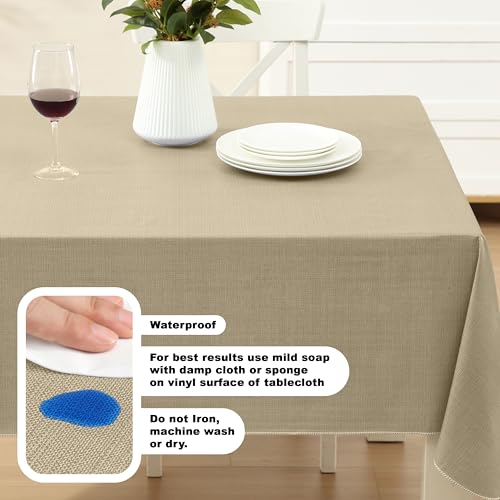Lintex Cafe Hotel Linen Look Vinyl Flannel Backed Tablecloth, Heavyweight 4 Gauge, 60 x 104 Inch Rectangle, Sand Indoor Outdoor Waterproof Wipe Clean Table Cover - Image 3