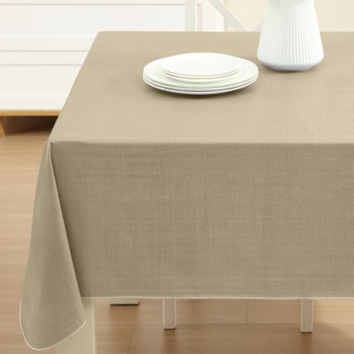 Lintex Cafe Hotel Linen Look Vinyl Flannel Backed Tablecloth, Heavyweight 4 Gauge, 60 x 104 Inch Rectangle, Sand Indoor Outdoor Waterproof Wipe Clean Table Cover - Image 1