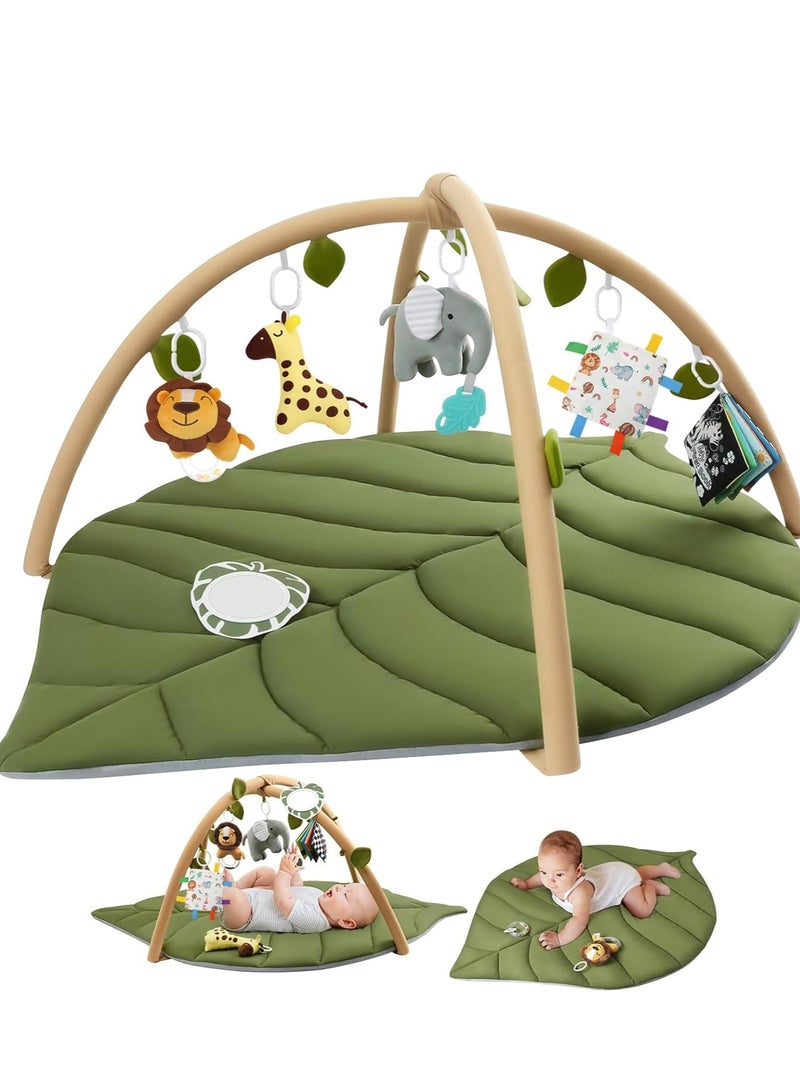يوستيد سجادة لعب الأطفال على شكل ورقة شجر، سجادة وقت الاستلقاء على البطن مع 6 ألعاب قابلة للفصل لإشراك الطفل في 6 حواس وتنمية المهارات الحركية، بساط لعب قابل للغسل في الغسالة (أخضر) للرضع من عمر 0 ​​إلى 36 شهرًا. - Image 1