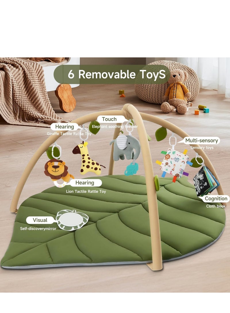 يوستيد سجادة لعب الأطفال على شكل ورقة شجر، سجادة وقت الاستلقاء على البطن مع 6 ألعاب قابلة للفصل لإشراك الطفل في 6 حواس وتنمية المهارات الحركية، بساط لعب قابل للغسل في الغسالة (أخضر) للرضع من عمر 0 ​​إلى 36 شهرًا. - Image 2