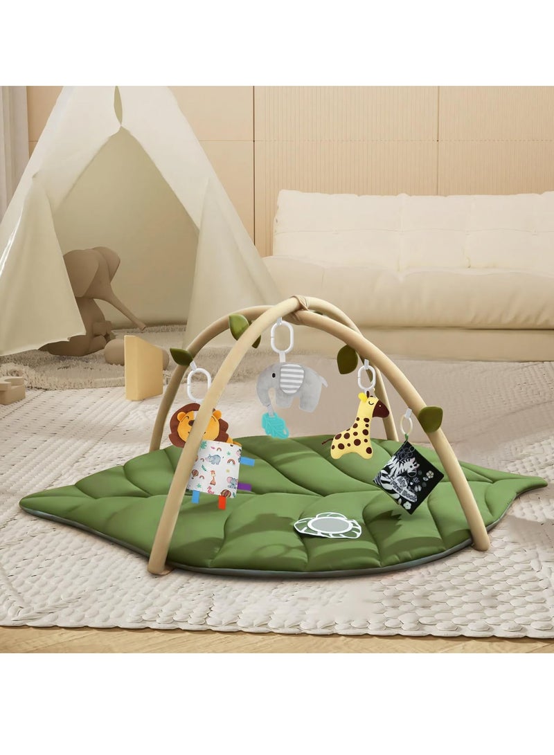 يوستيد سجادة لعب الأطفال على شكل ورقة شجر، سجادة وقت الاستلقاء على البطن مع 6 ألعاب قابلة للفصل لإشراك الطفل في 6 حواس وتنمية المهارات الحركية، بساط لعب قابل للغسل في الغسالة (أخضر) للرضع من عمر 0 ​​إلى 36 شهرًا. - Image 5