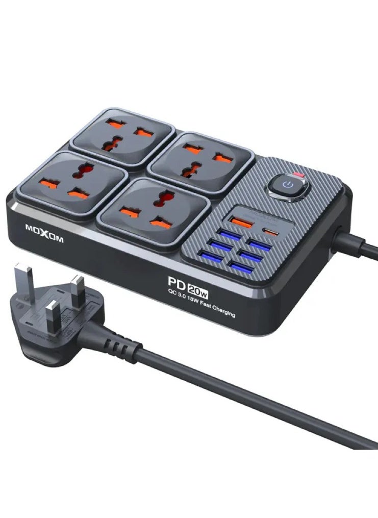 MOXOM - Moxom Power Strip and Charger USB Ports, PD Port Fast Charging 20W and 4 AC Power Sockets 2500W Max Outlets MX-ST15 - Image 1