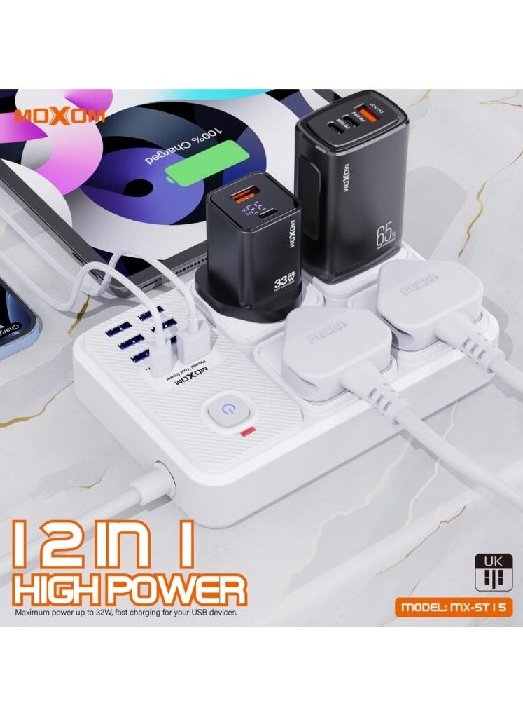 MOXOM - Moxom Power Strip and Charger USB Ports, PD Port Fast Charging 20W and 4 AC Power Sockets 2500W Max Outlets MX-ST15 - Image 1