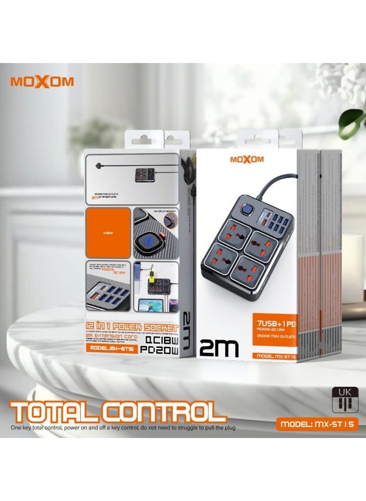 MOXOM - Moxom Power Strip and Charger USB Ports, PD Port Fast Charging 20W and 4 AC Power Sockets 2500W Max Outlets MX-ST15 - Image 1