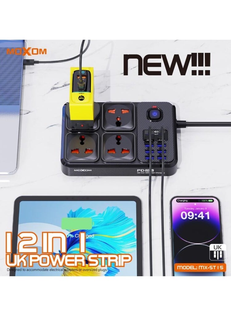 MOXOM - Moxom Power Strip and Charger USB Ports, PD Port Fast Charging 20W and 4 AC Power Sockets 2500W Max Outlets MX-ST15 - Image 1