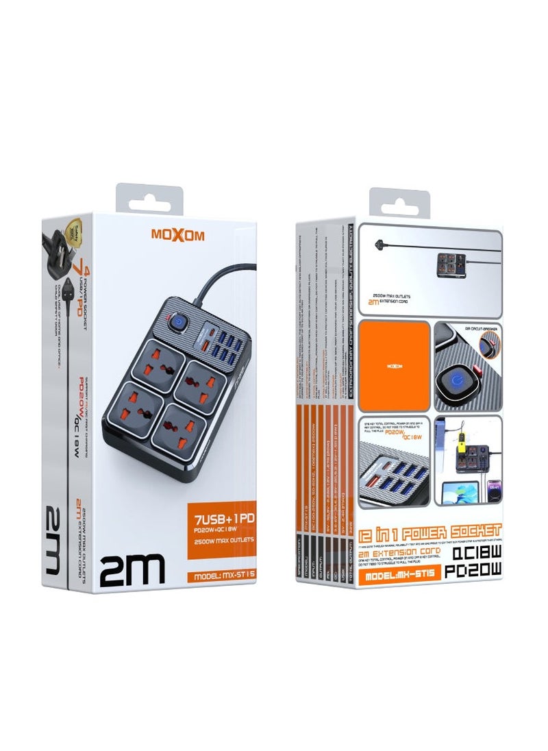 MOXOM - Moxom Power Strip and Charger USB Ports, PD Port Fast Charging 20W and 4 AC Power Sockets 2500W Max Outlets MX-ST15 - Image 1