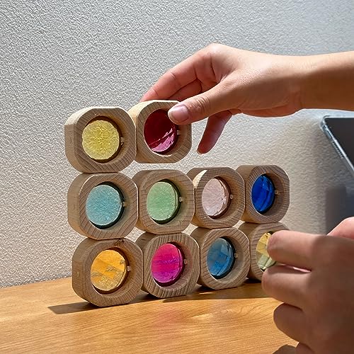 KOAICS 20PCS Wooden Gem Blocks Stacking ToysColorful Acrylic Windows Blocks Rainbow Crystal Acrylic Building Cubes Educational Sensory Training Crystal Toys 20PCS Round Gem Blocks - Image 1