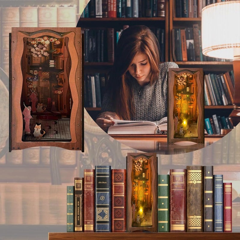 كلاراكو دعامات كتب خشبية ثلاثية الأبعاد من كلارك، مجموعة ركن الكتب التي يمكنك صنعها بنفسك، مجموعة بناء نموذج عطلة الجزيرة مع إضاءة استشعار، رف كتب إبداعي لديكور المنزل (النمط 2 ساكورا) - Image 4