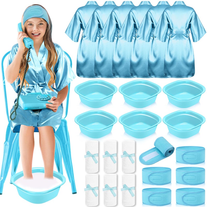 Bunnycool 24 Pcs Kids Spa Party Supplies Includes 6 Spa Party Robes 6 Basins 6 Makeup Headband 6 Towels for Sleepover Bath (Blue) - Image 1