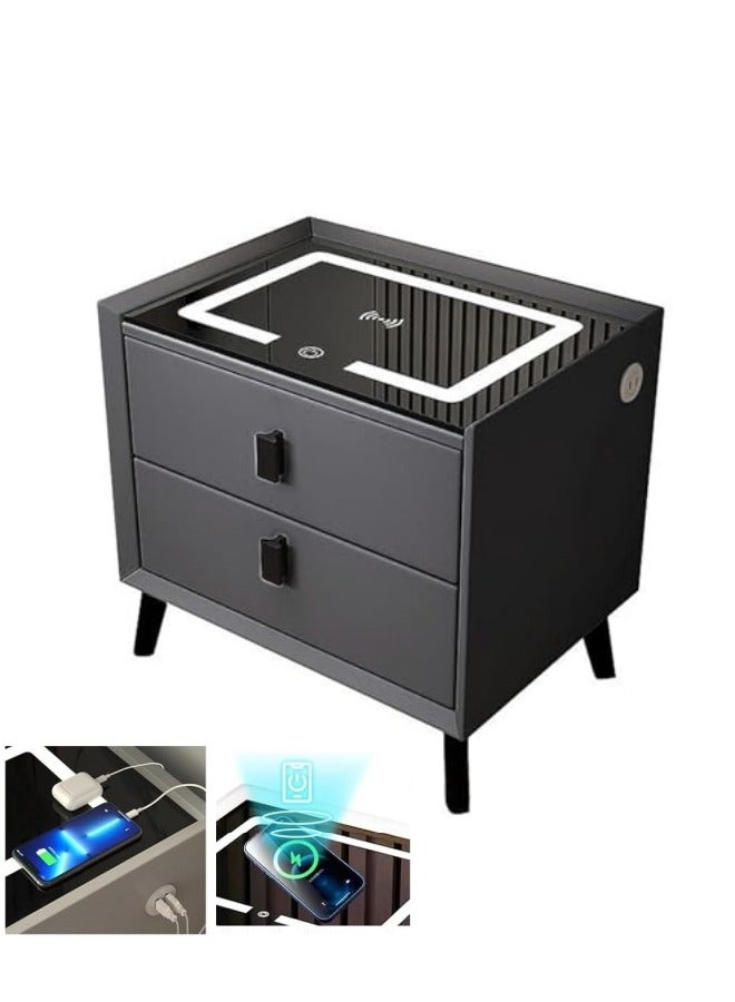 GGEROU Smart Nightstands with Wireless Charging Station, USB Port, Modern Nightstands with 3 Color LED Lights, Wooden End Side Table for Bedroom, Dorm, 2 Storage Drawers (Dark Grey) - Image 1