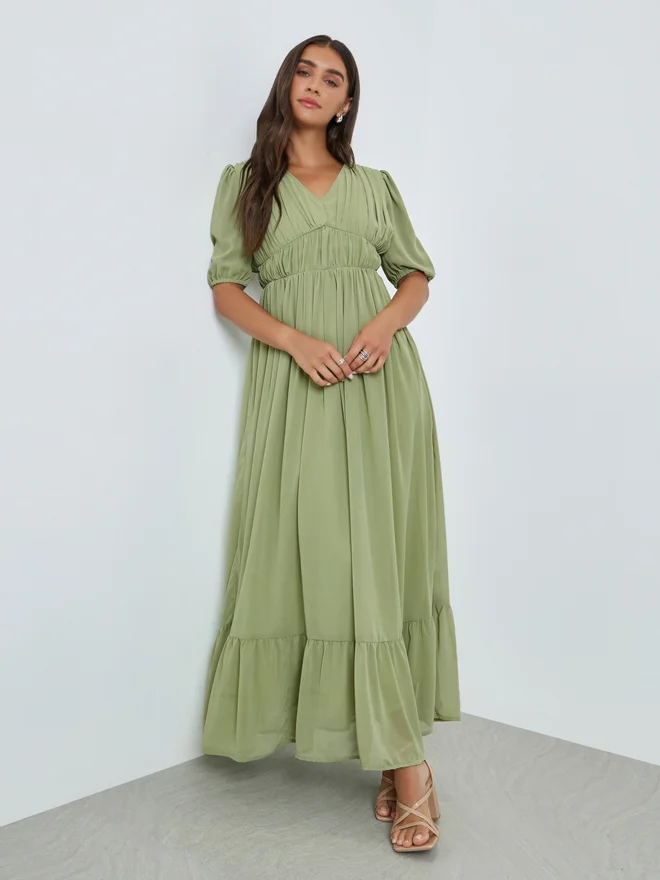 Styli Olive Ruched A-Line Maxi Dress