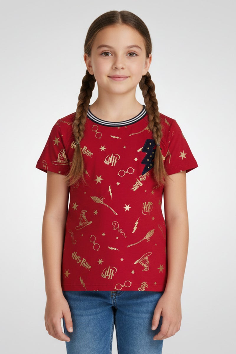 Harry Potter Kids Girl Short Sleeve Graphic Print Top, Red - Image 1