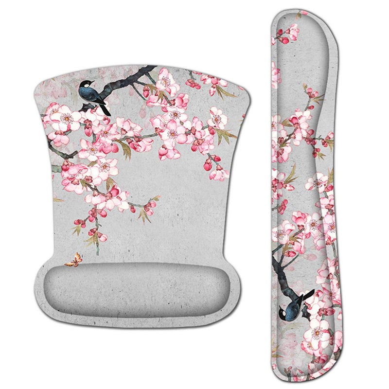 Ergonomic Keyboard Mouse Pad Set with Wrist Rest Support Memory Foam Hand Rest Wrist Cushion Set for LaptopNotebookDesktopComputerGamingOfficeDesk Easy Typing Pain ReliefBird Pink Flower