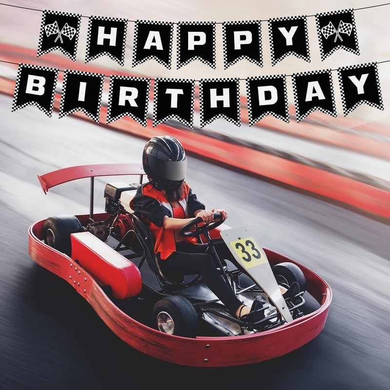 XIHIRCD Race Car Happy Birthday Banner, Racing Cars Party Decorations Black and White Checkered Racing Banner Race Checkered Flag Supplies for Party Birthday - Image 3
