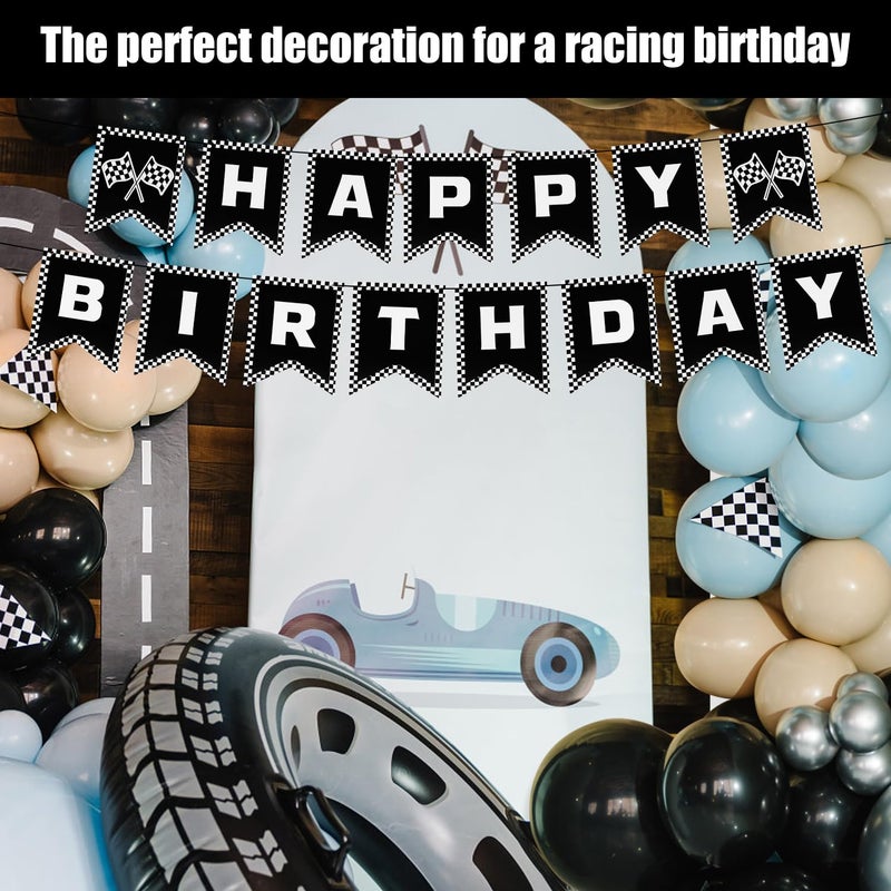 XIHIRCD Race Car Happy Birthday Banner, Racing Cars Party Decorations Black and White Checkered Racing Banner Race Checkered Flag Supplies for Party Birthday - Image 4