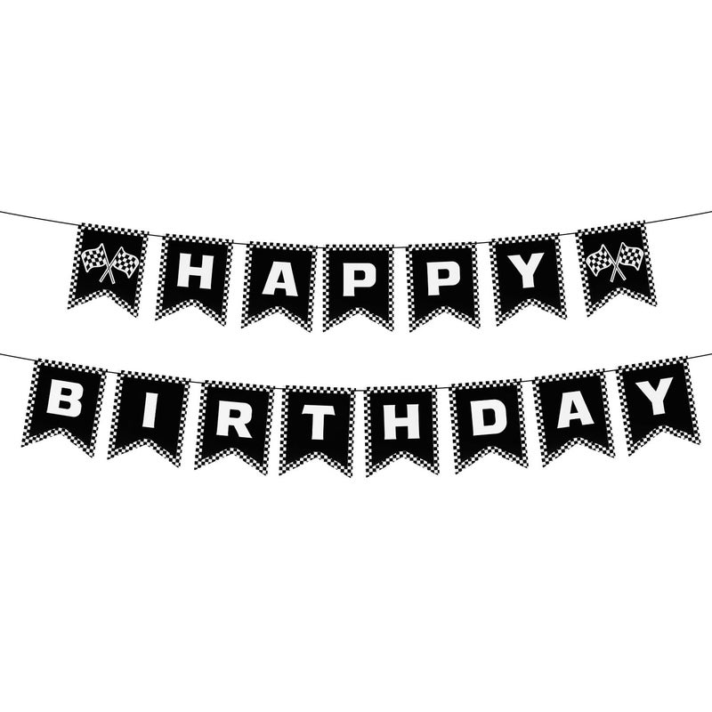 XIHIRCD Race Car Happy Birthday Banner, Racing Cars Party Decorations Black and White Checkered Racing Banner Race Checkered Flag Supplies for Party Birthday - Image 1