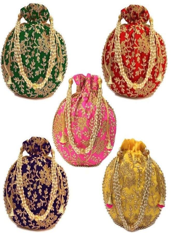 KYZZO Designer Rajasthani Potli Bags for Womens Silk Potli Bag with Zari Work Ethnic Wristlets Handbag Pack of 7 - Image 1