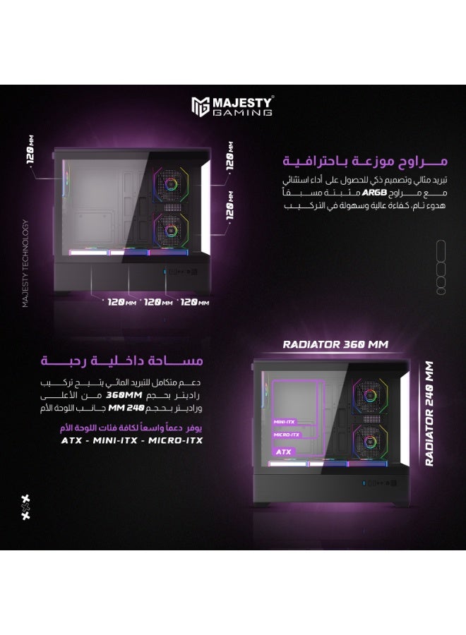 ماجيستي صندوق كمبيوتر ماجيستي ميد تاور رعد برو – 6 مراوح ARGB إنفينيتي 120مم، ريموت، دعم ATX، 2×USB، أسود - Image 3