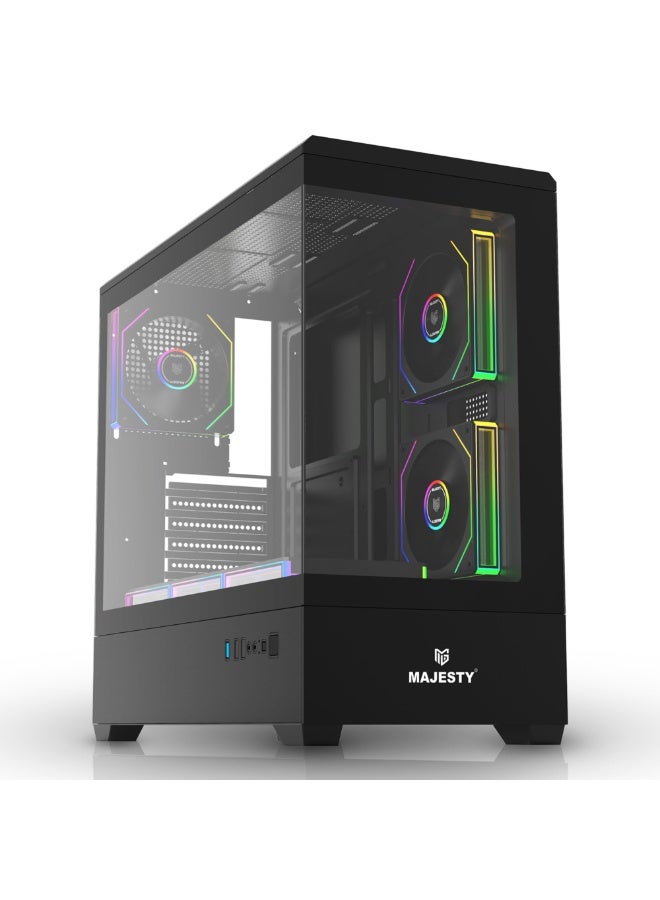 ماجيستي صندوق كمبيوتر ماجيستي ميد تاور رعد برو – 6 مراوح ARGB إنفينيتي 120مم، ريموت، دعم ATX، 2×USB، أسود - Image 1