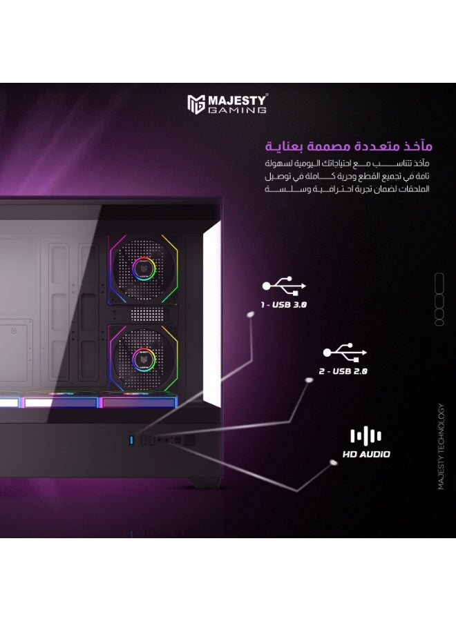 ماجيستي صندوق كمبيوتر ماجيستي ميد تاور رعد برو – 6 مراوح ARGB إنفينيتي 120مم، ريموت، دعم ATX، 2×USB، أسود - Image 5