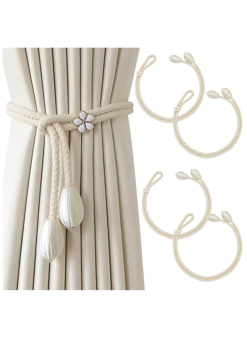 Dominy 4 Pack Curtain Tiebacks, Hand-Knitted Boho Curtain Rope Buckle, Vintage Style Drapery Holdbacks for Living Room, Bedroom, Office – No Drilling, Adjustable Length, Beige Color - Image 1