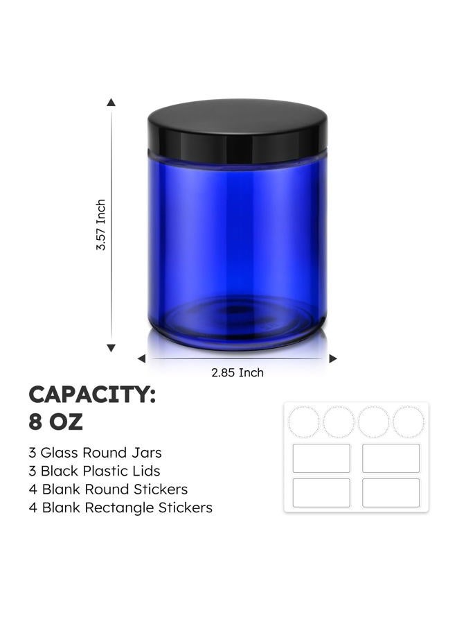 Tecohouse 8oz Glass Jars with Lids, 3 Pack Candle Jars with Blank Labels, 250g Blue Wide Mouth | Cosmetic Containers for Sample, Cream, Lotion, Honey, Powder, Jelly | Kitchen & Home - Image 3