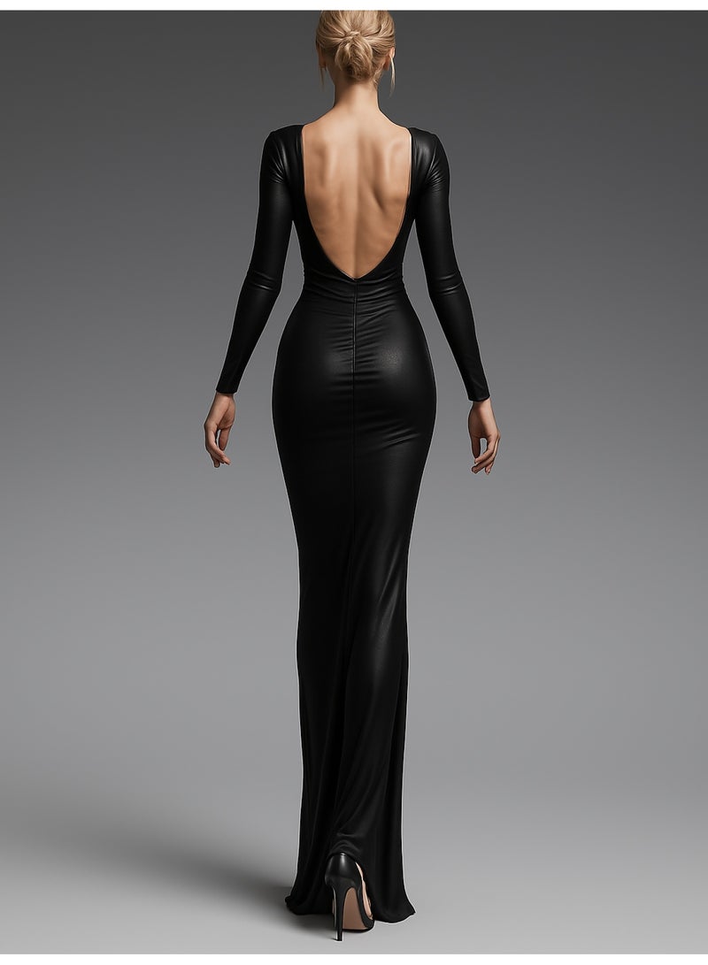 Black Deep V Backless Long Sleeve Dress