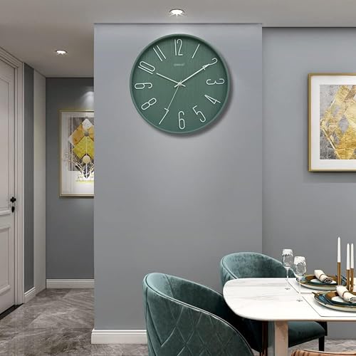 OREVA 12 Inch Round Fancy Embossed Number Dial Contemporary Stylish Quartz Clocks Modern Analog Silent Wall Clock for Living Room Bedroom Latest Home Décor Office AQ-9517SS (Green) - Image 2
