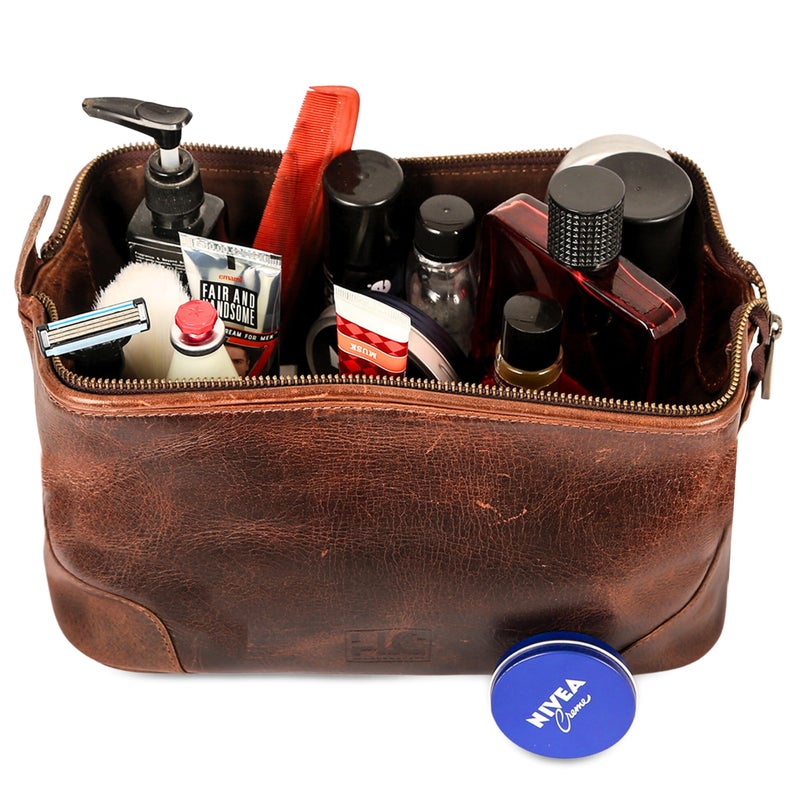 HLC Leather Toiletry Bag for Men Best Gift Premium Genuine Dopp Kit Shaving Kit Organizer Travel Kit Pouch Bag 10 inch Size (Brown) - Image 5