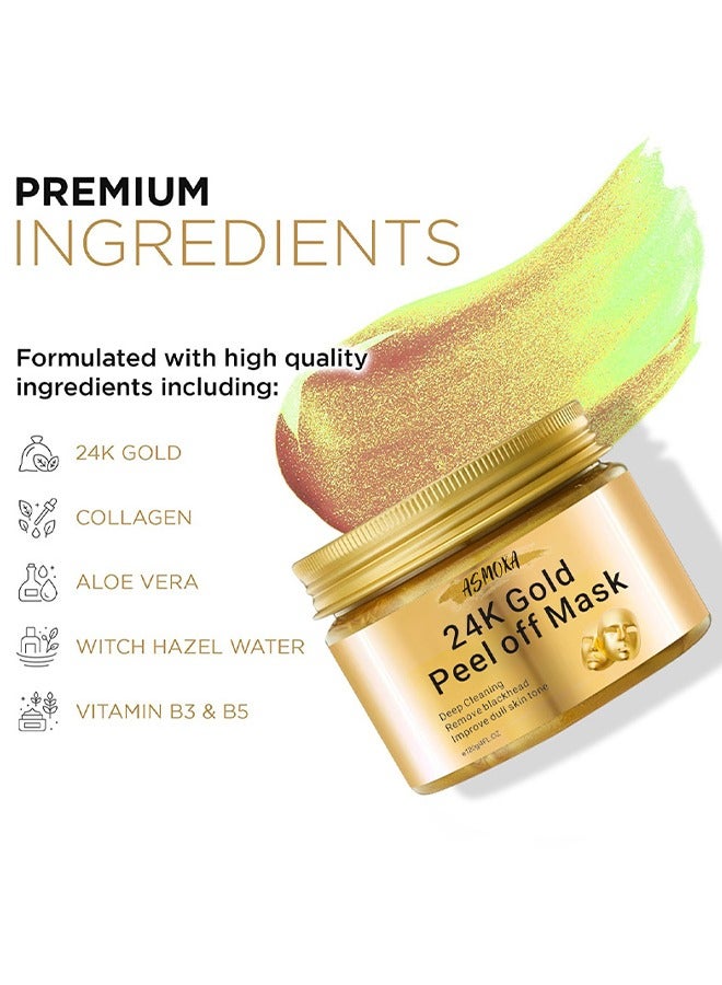 ASMOXA 24K Gold Collagen Peel Off Mask, Blackhead Remover Mask, Gold Peel Off Mask For Lifting And Smoothing, Skin Radiance, Replenish Collagen For Skin, Gold Facial Mask - Image 2