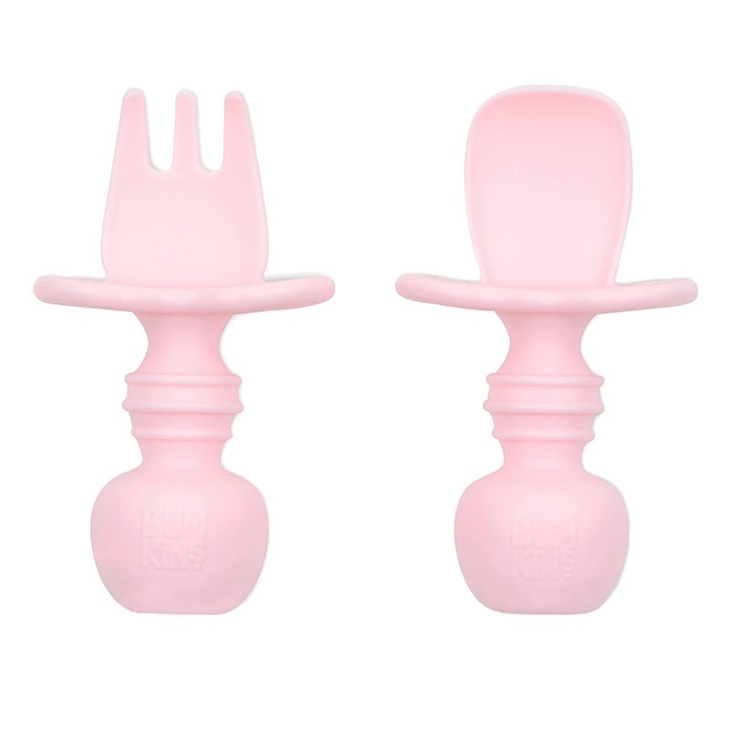 Bumkins Baby Utensils Set, Chewtensils Silicone Spoons for Dipping, Self-Feeding, Baby Led Weaning, Trainer Learning, First Stage Eating, Soft Practice Fork and Spoon, Babies 6 Months, Pink - Image 1