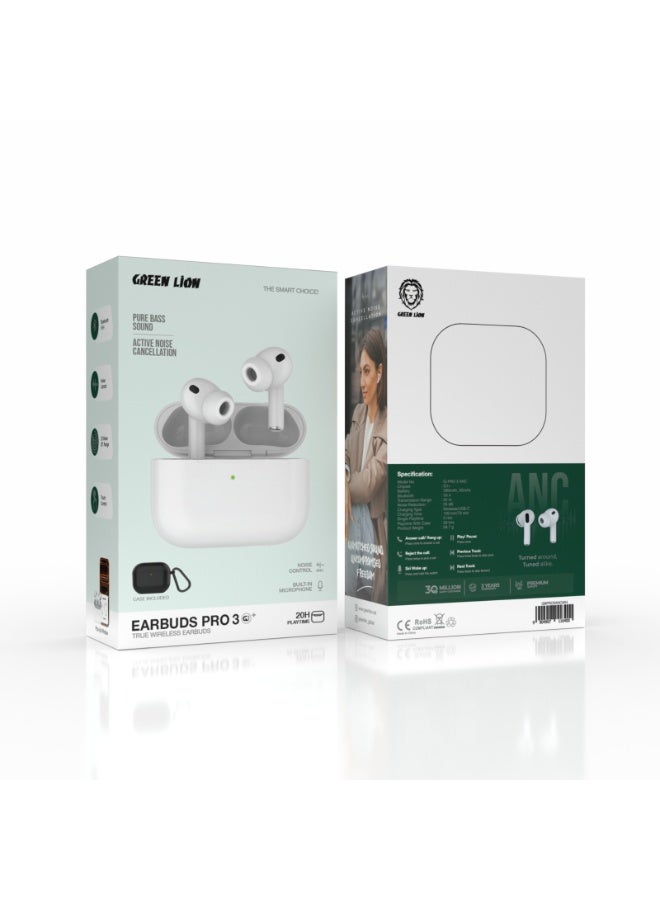 GREEN LION Earbuds Pro 3 True Wireless Earbuds with Pure Bass Sound & ANC / Earbuds Playtime 20H / Bluetooth V5.4/ Charging Type Wireless, USB-C / Touch Control / Built-in Microphone / Case Included - White - Image 3