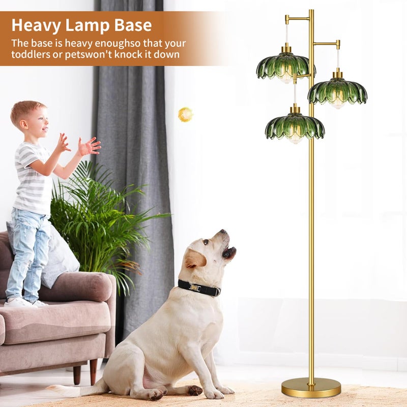 ILLMTW Glass Gold Floor Lamp for Living Room,Bedroom,Mid Century Modern Standing Lamp Brass Tree 3 Light Tall Floor Lamps Vintage Retro Floor Lights Green Flower Lamp Shade Farmhouse Boho Bohemian - Image 3