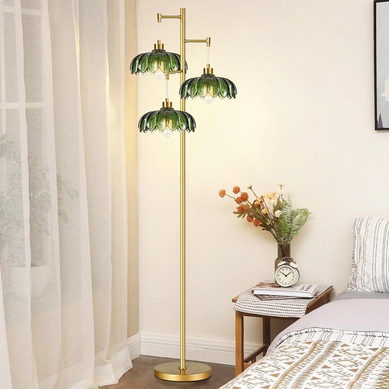 ILLMTW Glass Gold Floor Lamp for Living Room,Bedroom,Mid Century Modern Standing Lamp Brass Tree 3 Light Tall Floor Lamps Vintage Retro Floor Lights Green Flower Lamp Shade Farmhouse Boho Bohemian - Image 5