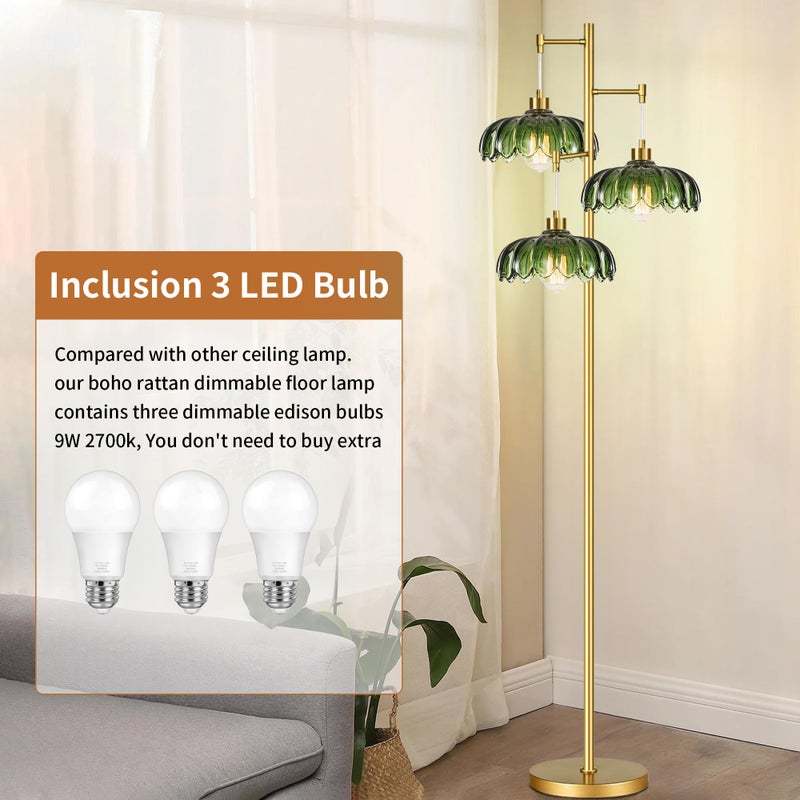 ILLMTW Glass Gold Floor Lamp for Living Room,Bedroom,Mid Century Modern Standing Lamp Brass Tree 3 Light Tall Floor Lamps Vintage Retro Floor Lights Green Flower Lamp Shade Farmhouse Boho Bohemian - Image 4