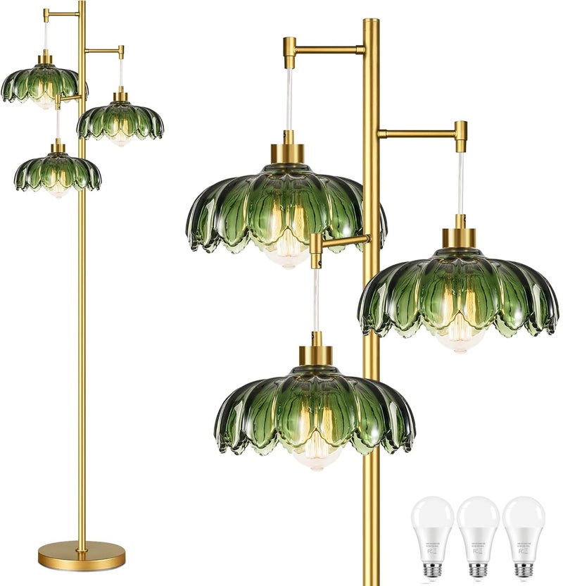 ILLMTW Glass Gold Floor Lamp for Living Room,Bedroom,Mid Century Modern Standing Lamp Brass Tree 3 Light Tall Floor Lamps Vintage Retro Floor Lights Green Flower Lamp Shade Farmhouse Boho Bohemian - Image 1